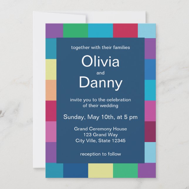 Colourful Chequerboard Pattern Modern Wedding Invitation (Front)