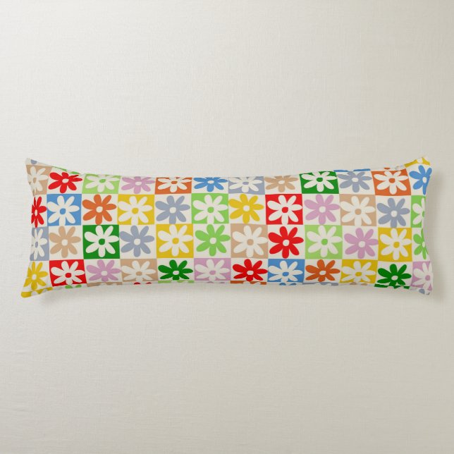 Colourful Chequered Floral Flower Pattern Body Cushion (Front)