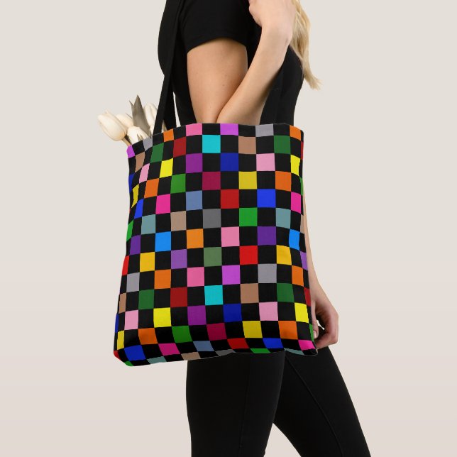 Colourful Chequered Pattern Design Black  Tote Bag (Close Up)