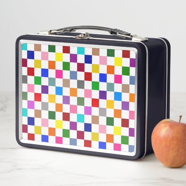 Colourful Chequered Pattern Design White  Metal Lunch Box (In Situ)