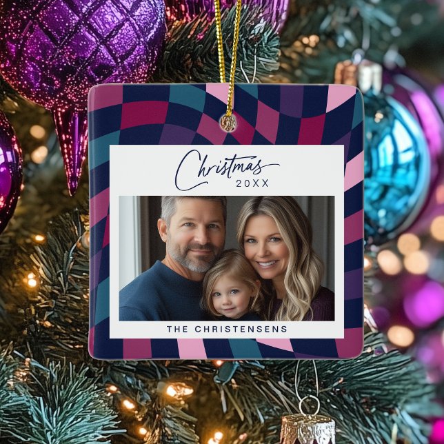 Colourful Chequered Photo Christmas Ceramic Ornament (Shown on a Ceramic Square Ornament)