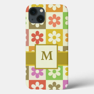 Colourful Chequered Retro Flowers Monogrammed  iPhone 13 Case