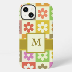 Colourful Chequered Retro Flowers Monogrammed iPhone 13 Case