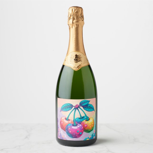 Colourful cherries sparkling wine label (Front)