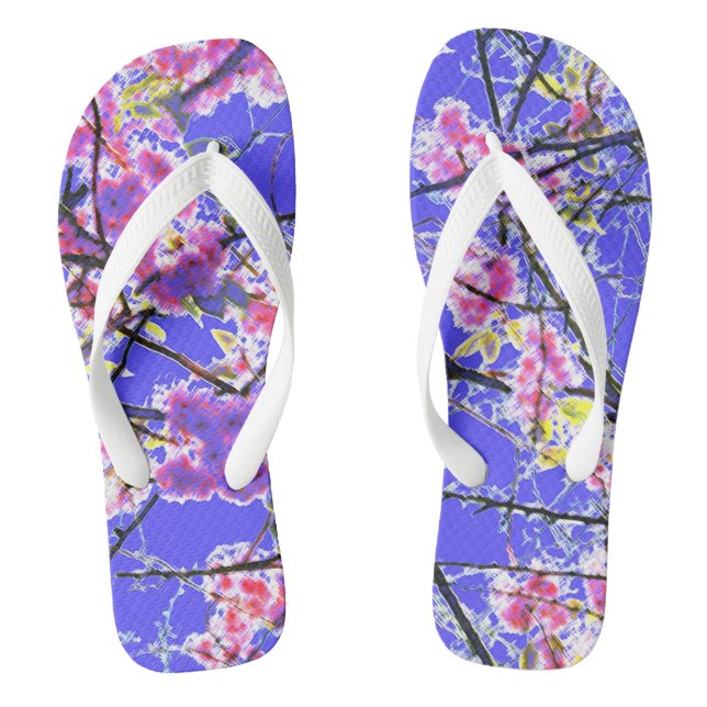 Colourful cherry blossom blue pink floral design thongs (Footbed)
