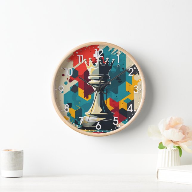 Colourful Chess King Wall Clock – Abstract Geometr (Home)