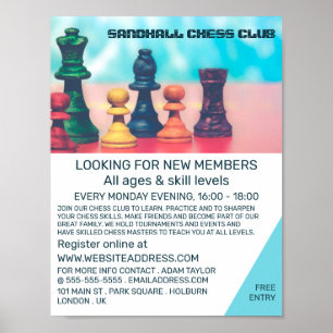 Colourful Chess Pieces, Chess Club Advertising Poster