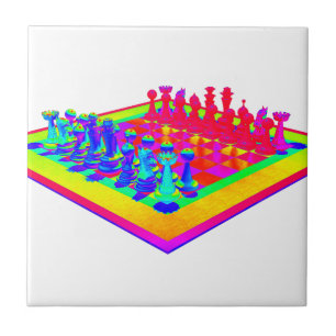 Colourful Chessboard & Chess Pieces Ceramic Tile
