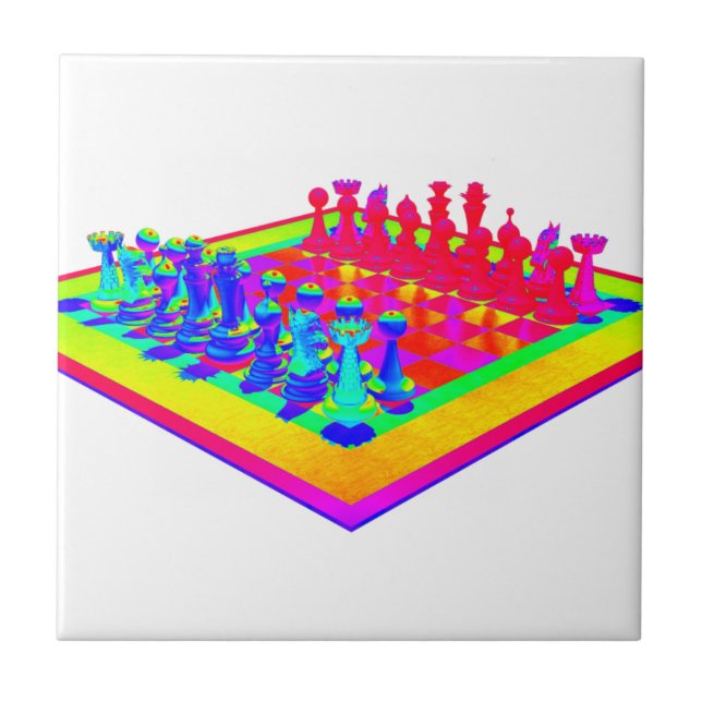 Colourful Chessboard & Chess Pieces Ceramic Tile (Front)