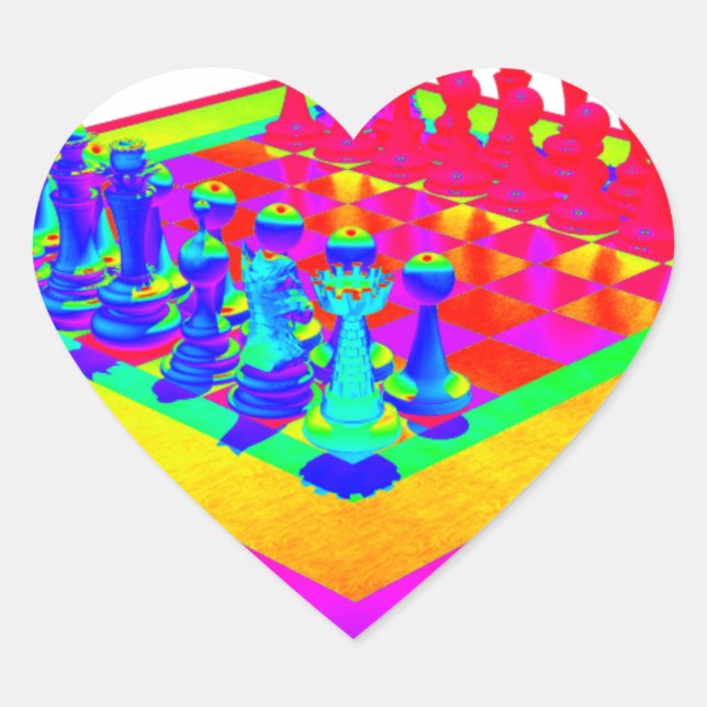 Colourful Chessboard & Chess Pieces Heart Sticker (Front)