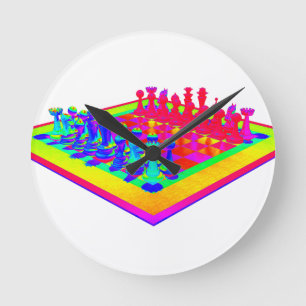 Colourful Chessboard & Chess Pieces Round Clock