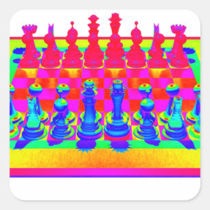 Colourful Chessboard & Chess Pieces Square Sticker