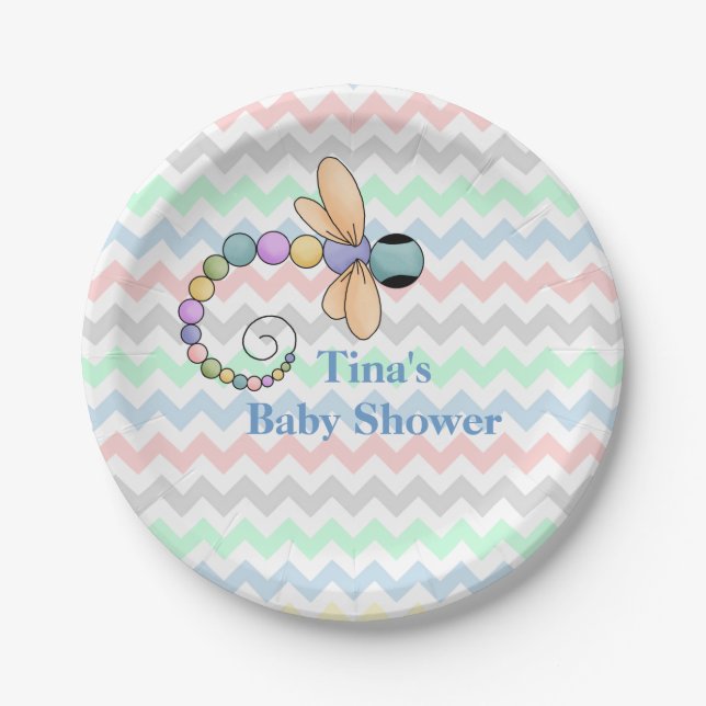 Colourful Chevron and Dragonfly Paper Plate (Front)