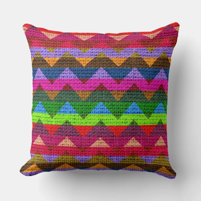 Colourful Chevron Pattern Burlap Jute Cushion (Front)