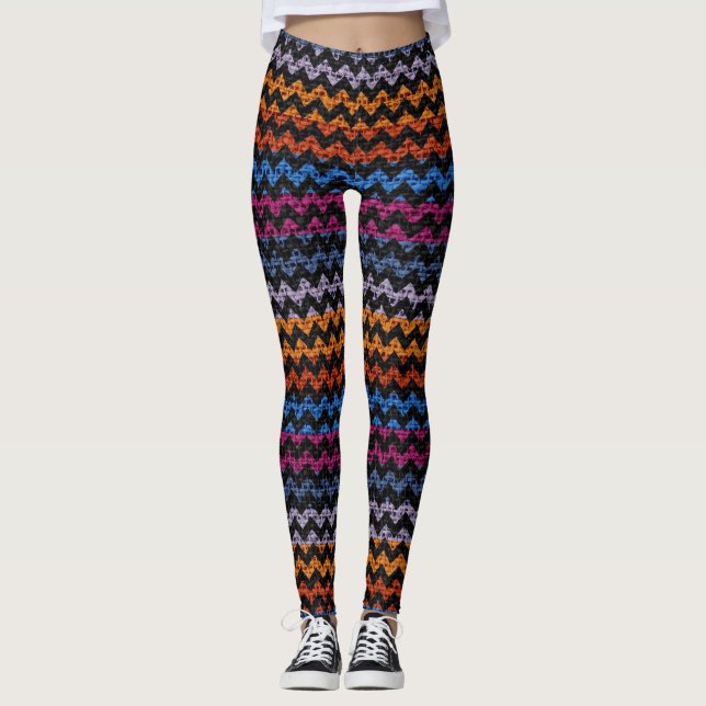 Colourful Chevron Pattern Burlap Look Leggings (Front)