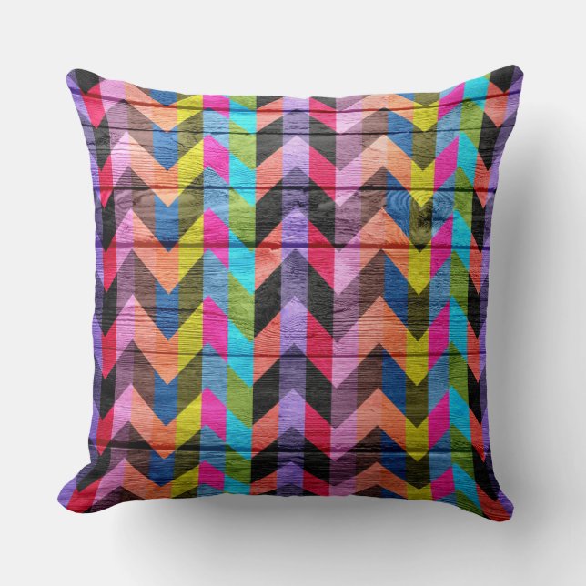 Colourful Chevron pattern wood #2 Cushion (Front)