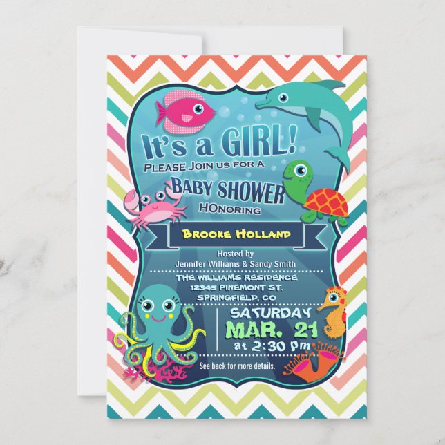 Colourful Chevron Sea Life, Girl Baby Shower Invitation (Front)
