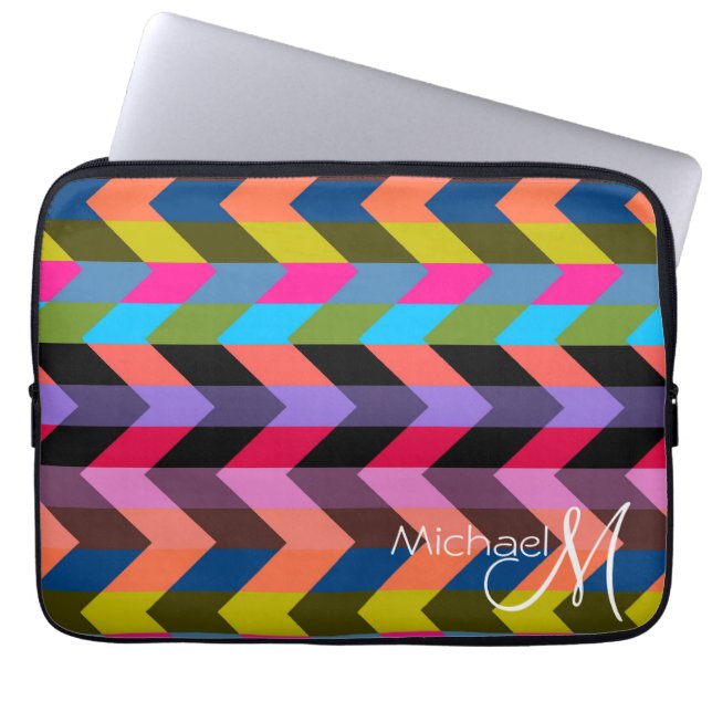 Colourful Chevron Zigzag Pattern Custom Monogram 3 Laptop Sleeve (Front)