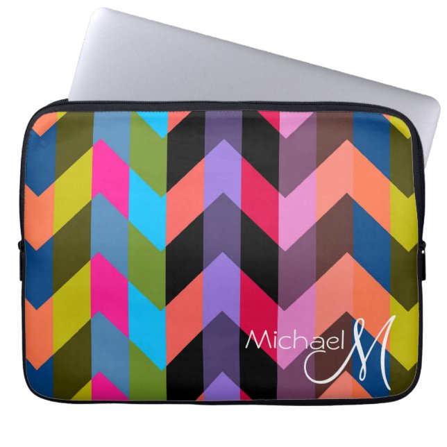 Colourful Chevron Zigzag Pattern Custom Monogram 6 Laptop Sleeve (Front)