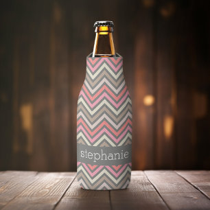 Colourful Chevrons Pink Coral Grey Custom Name Bottle Cooler