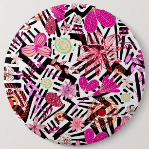 Colourful chic black white flowers pattern 6 cm round badge