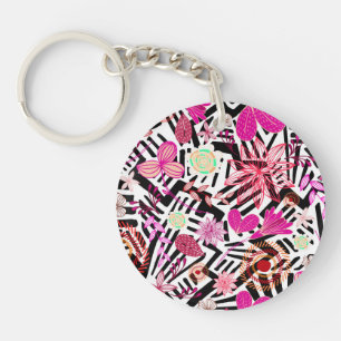 Colourful chic black white flowers pattern key ring