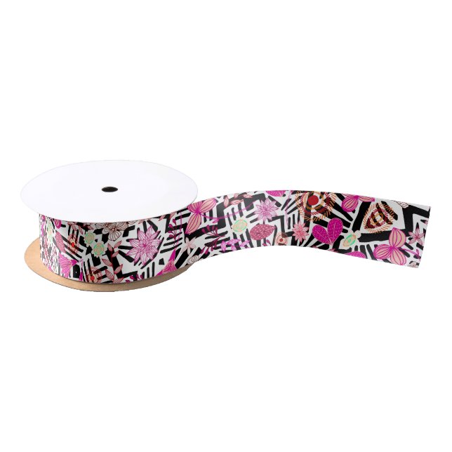 Colourful chic black white flowers pattern satin ribbon (Spool)