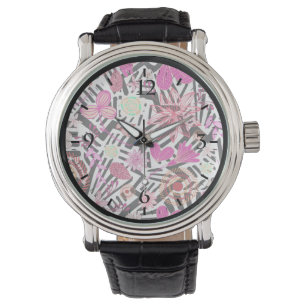 Colourful chic black white flowers pattern watch