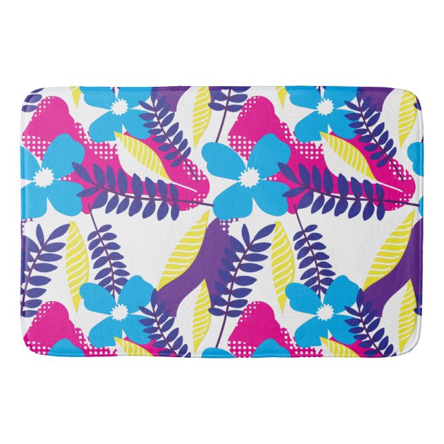 Colourful Chic Floral & Dot Pattern with Leaves Bath Mat (Front)