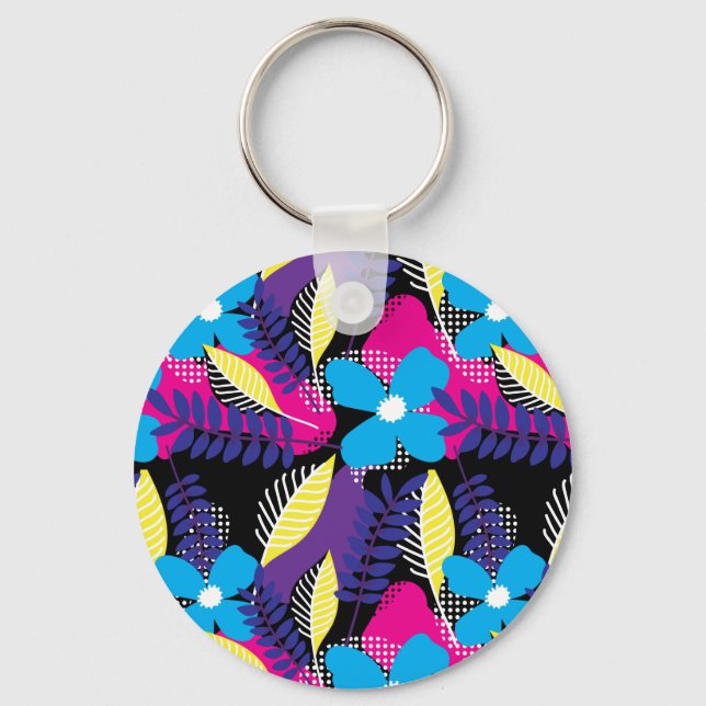 Colourful Chic Floral & Dot Pattern with Leaves Ke Key Ring (Front)