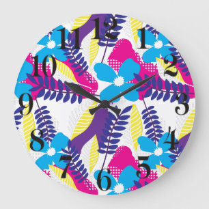 Colourful Chic Floral & Dot Pattern with Leaves Large Clock