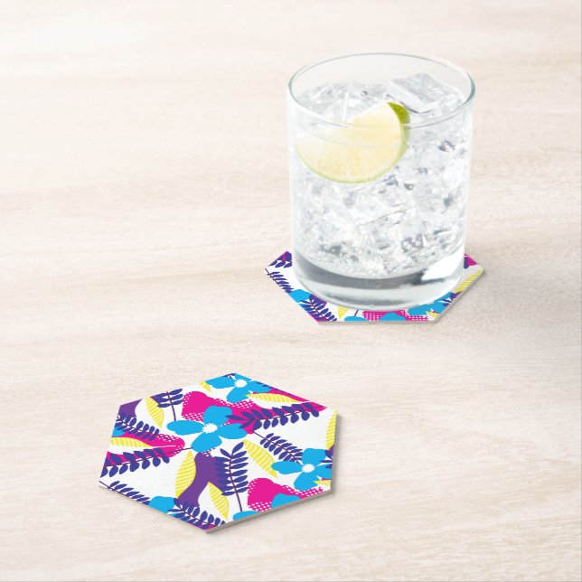 Colourful Chic Floral & Dot Pattern with Leaves Paper Coaster (Insitu)
