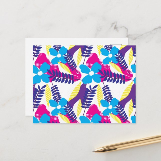 Colourful Chic Floral & Dot Pattern with Leaves Postcard (Front/Back In Situ)