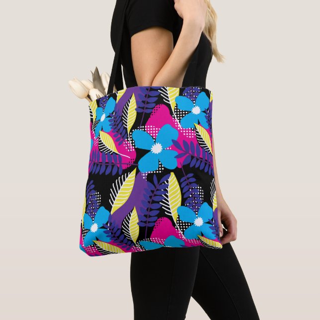 Colourful Chic Floral & Dot Pattern with Leaves To Tote Bag (Close Up)