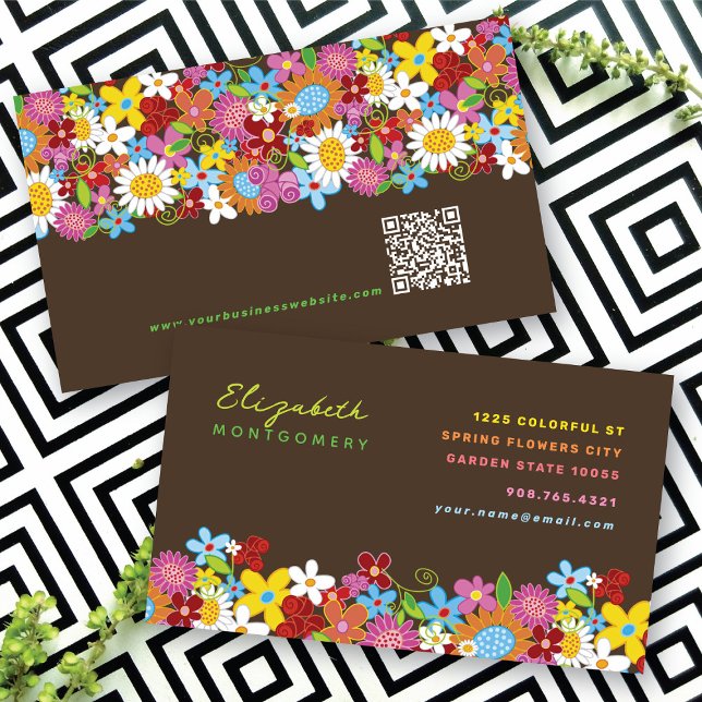 Colourful Chic Fun Whimsical Spring Flowers Garden Business Card (Colorful Chic Fun Whimsical Spring Flowers Garden Business / Profile Card @ fat_fa_tin)