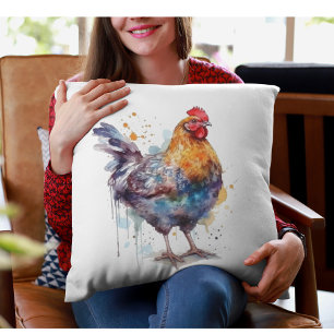 Colourful chicken in watercolor cushion
