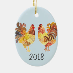Colourful Chicken Pair Keepsake Year Ceramic Ornament