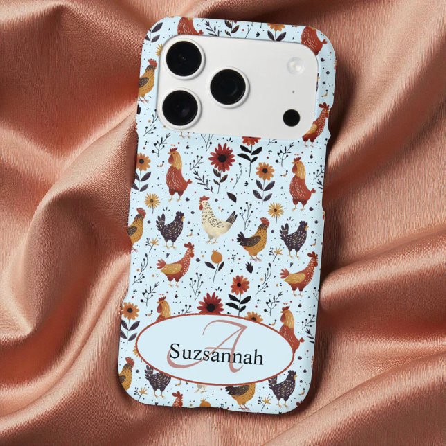Colourful Chicken Pattern Initial Monogram  (iPhone back with template initial monogram and name)