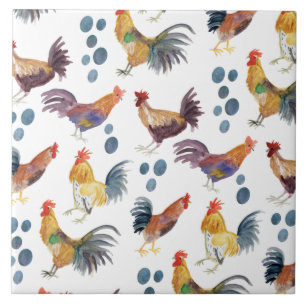 Colourful Chickens & Eggs Pattern Watercolor Farm Ceramic Tile
