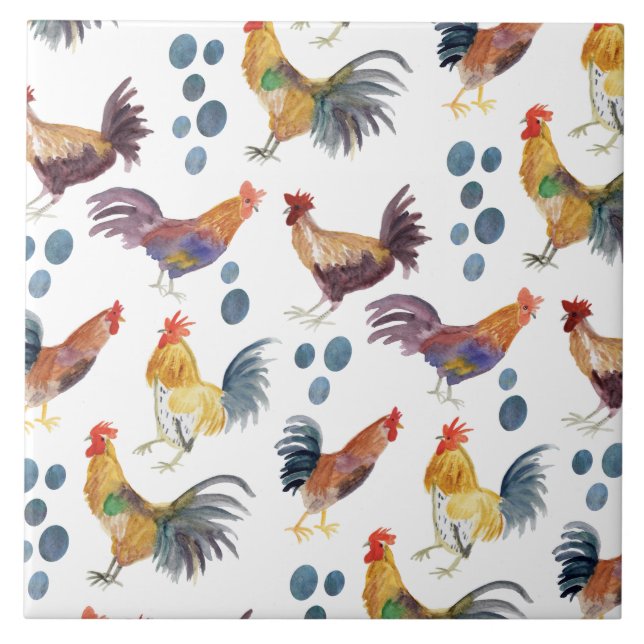 Colourful Chickens & Eggs Pattern Watercolor Farm Ceramic Tile (Front)
