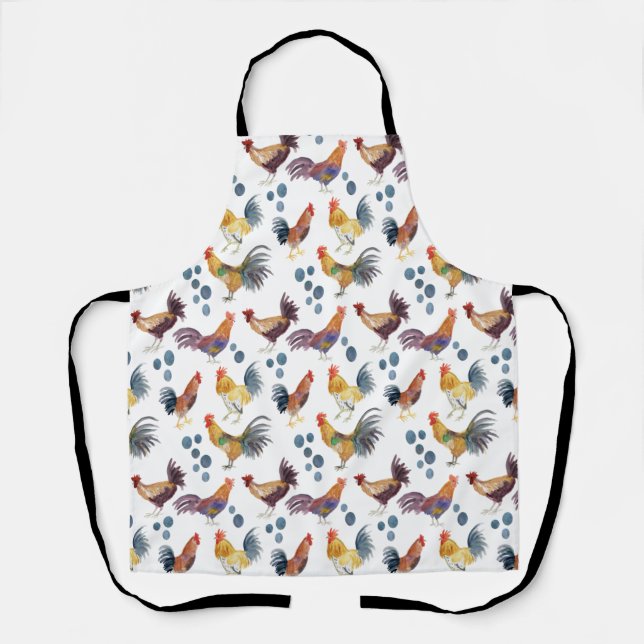 Colourful Chickens & Eggs Watercolor Pattern Apron (Front)