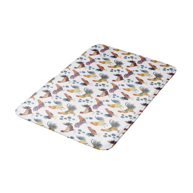 Colourful Chickens & Eggs Watercolor Pattern Bath Mat (Angled)