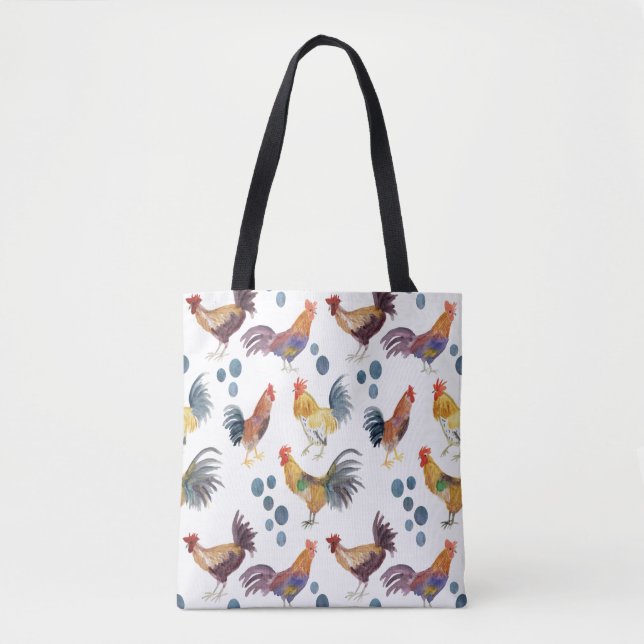 Colourful Chickens & Eggs Watercolor Pattern  Tote Bag (Front)