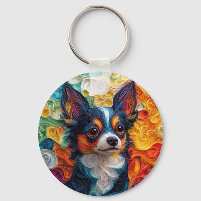 Colourful Chihuahua Dog Portrait Key Ring (Front)