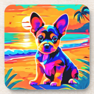 Colourful Chihuahua Puppy on Sunset Beach Coaster