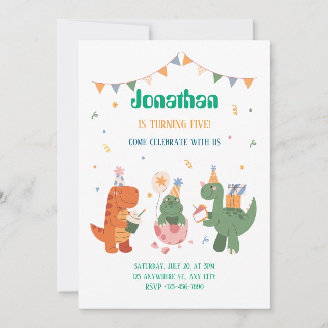 Colourful childish dinosaurs invitation (Front)