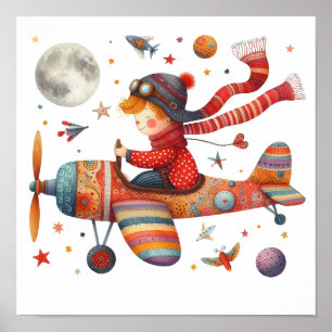 Colourful Children's Art Child Flying Old Aeroplan Poster