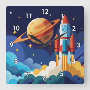 Colourful Childrens Spaceman Spaceship Cartoon Square Wall Clock