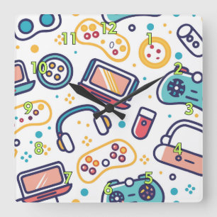 Colourful Children's Video Game Cartoon Sketch Square Wall Clock
