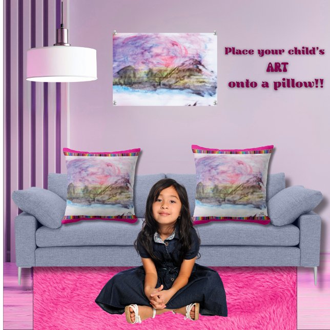 Colourful Child's Artwork Mountain Lake at Sunset Cushion (Upload your child's beautiful artwork onto this template pillow. Personalize name, date, and color)